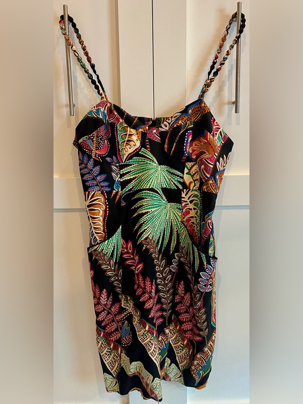 FARM Rio Tropical Leaf Mini Dress Beaded Strap Black Multicolor NWOT - Size L - Picture 5 of 7